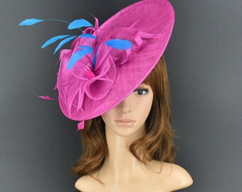 MF681( Fuchsia Teal fascinator )Kentucky Derby, Wedding, Easter, Tea Party, Royal Ascot Sinamay Headband Large Fascinator Cocktail