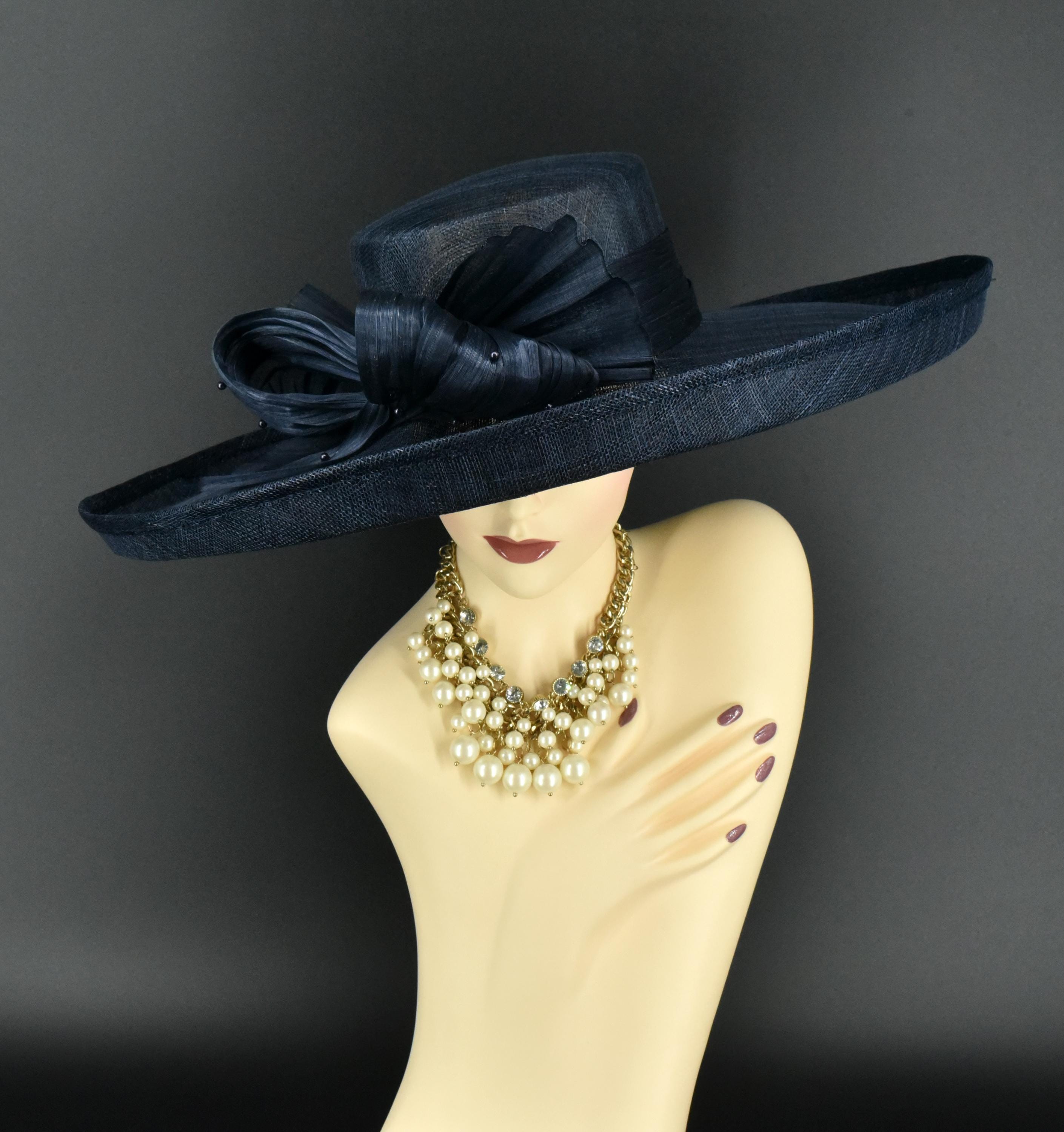 Nordstrom Navy Blue Wide Brim Sinamay Mesh Elegant Church Wedding Derby Hat OS M509 ( Navy Blue ) Kentucky Derby Hat, Church Hat, Wedding  main image 2