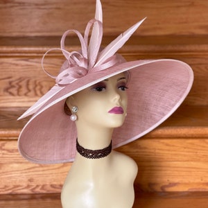 M839(Blush Dusky Pink)Vintage Kentucky Derby, Church, Wedding, Easter Hat, Tea Party Hat, Formal Hat & Large Feathers Wide Brim Sinamay Hat