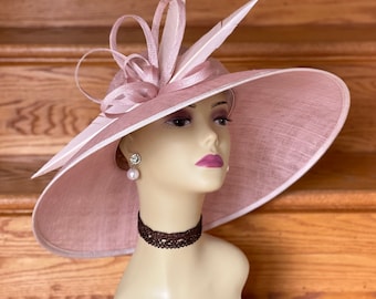 M839(Blush Dusky Pink)Vintage Kentucky Derby, Church, Wedding, Easter Hat, Tea Party Hat, Formal Hat & Large Feathers Wide Brim Sinamay Hat