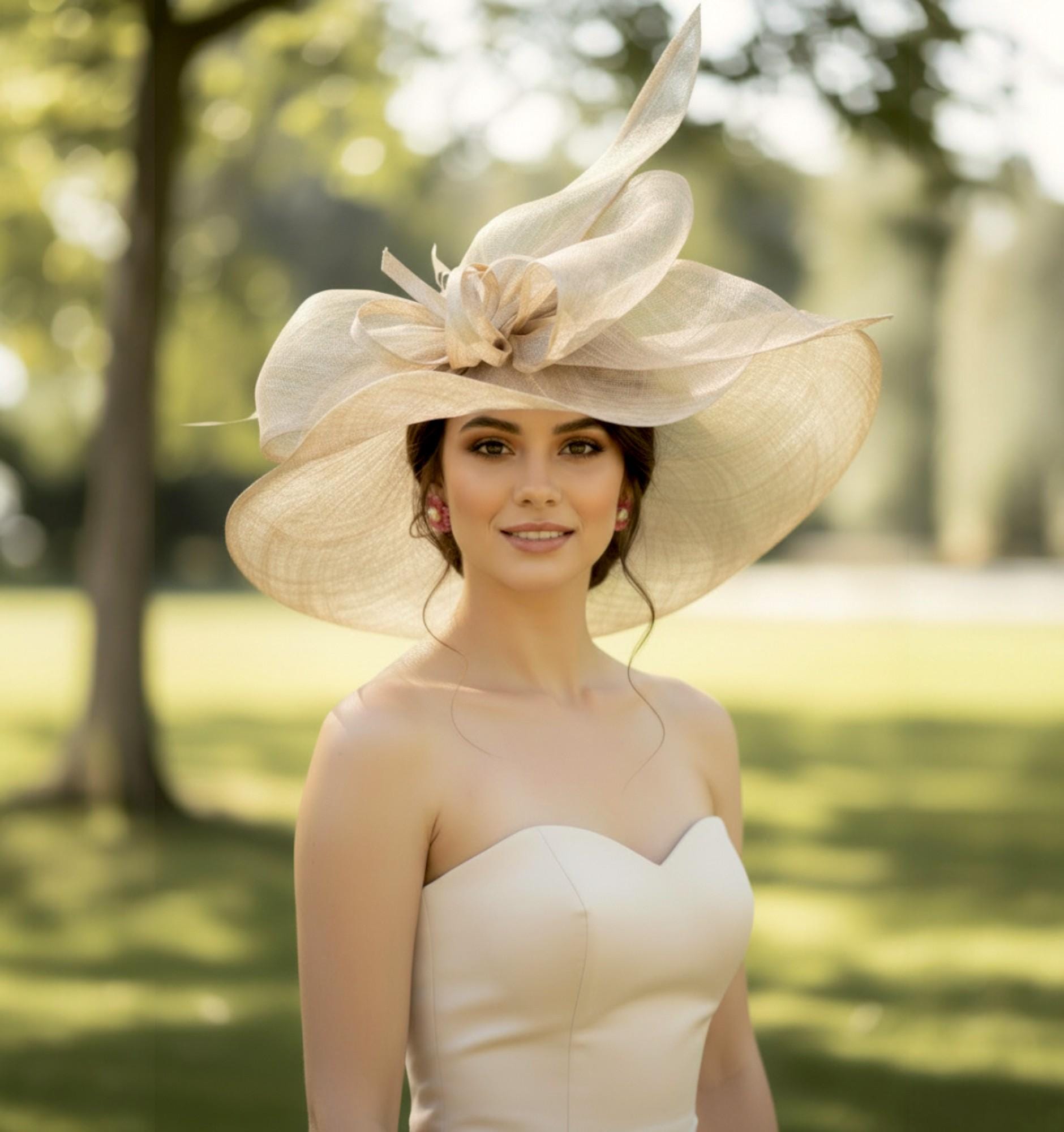 Derby tan with silver hints sun hat in sinamay M937( Ivory Taupe hat ) Kentucky Derby hat Wedding hat  main image 3