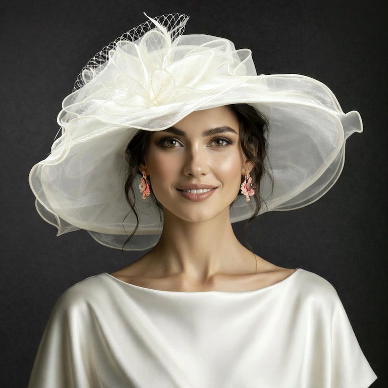 ED319 ( Blush pink ) Kentucky Derby hat, Church hat, Wedding hat, with Ribbon Bow and Feathers Medium Brim 5" Organza Dress Hat Ivory/Cream