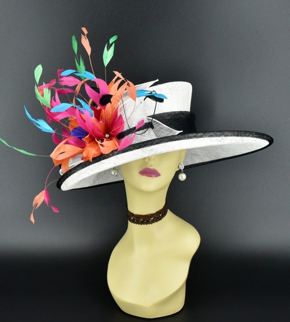 M34 1 white black orange hot Pink Kentucky Derby Hat Church Hat