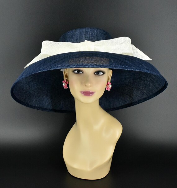 Elegant Blue and Cream Wide-Brim Hat M935 White/light Blue Wide-brim Sinamay Hat – Kentucky Derby  main image 4