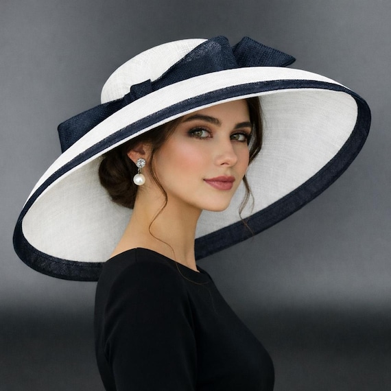 M22025 White Navy – Audrey Hepburn Hat | 19.75” Jumbo Wide  display picture 3