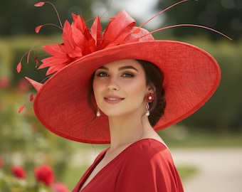 M936( Red hat ) Kentucky Derby hat, Wedding hat, Royal Ascot hat, Mother of bride hat Jumbo Feather Flower Wide Brim Sinamay Hat