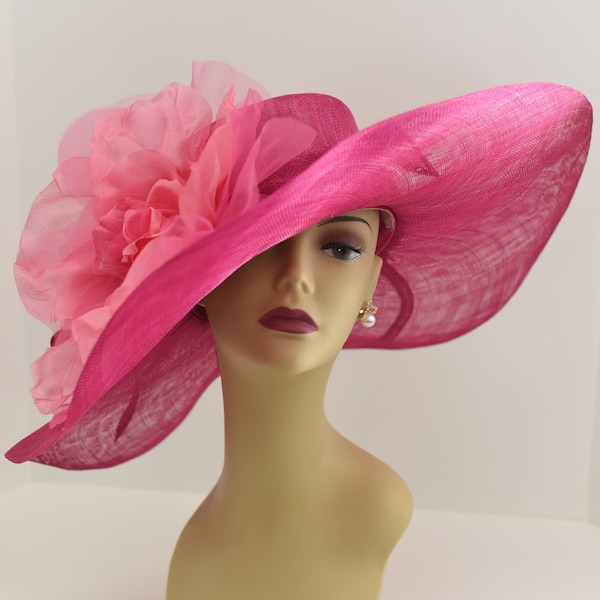 M509 ( Hot pink hat ) Kentucky Derby hat, Church hat, Wedding hat, Tea Party hat Jumbo 22" Silk Flower Floopy Wide Brim Sinamay Dress Hat