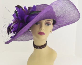 M508 ( Purple hat )Kentucky Derby hat, Church hat, Wedding hat, Tea Party hat with Jumbo Feather Flower Floopy Wide Brim Sinamay Hat