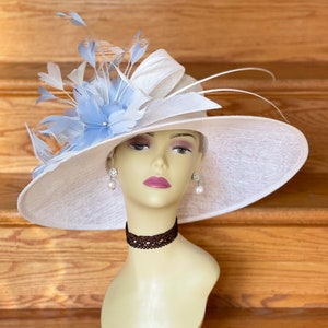 M935(White light blue hat ) Kentucky Derby hat, Wedding hat, Easter hat, Royal Ascot hat, Jumbo Feather Flower Wide Brim Sinamay Hat