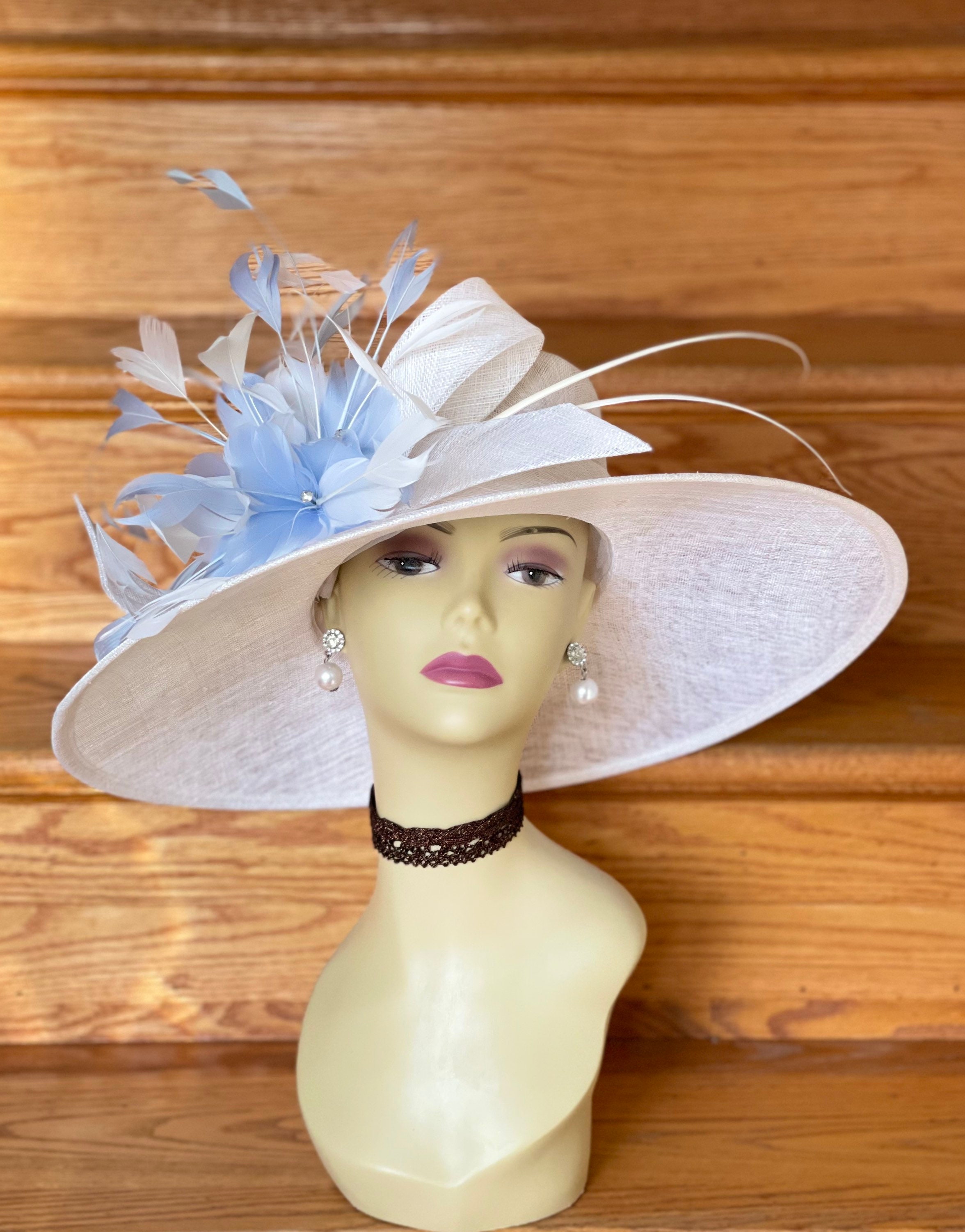 M935 White/light Blue Wide-brim Sinamay Hat – Kentucky Derby 