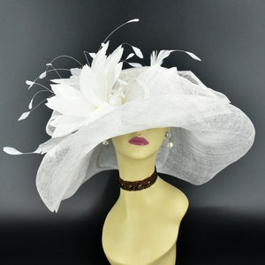 M22019F ( White hat ) Kentucky Derby hat Church hat Wedding hat Tea Party hat Big Bow & Feather Flower Sinamay Floopy Wide Brim Hat