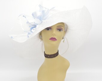 White & Blue Satin Large Brim Bowler Hat (7 3/4) - Etsy display picture 3