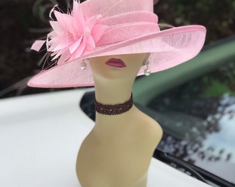 L17( Pink ) Kentucky Derby hat, Church hat, Wedding hat, Easter hat, Tea Party Royal Ascot with feather flower Med Brim Sinamay Hat