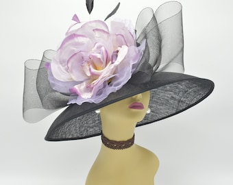 SD09(Black/Lilac/Yellow)Kentucky Derby Church Wedding Easter Royal Ascot Jumbo Crin Bow & 12" Silk Flower Wide Brim Sinamay Hat