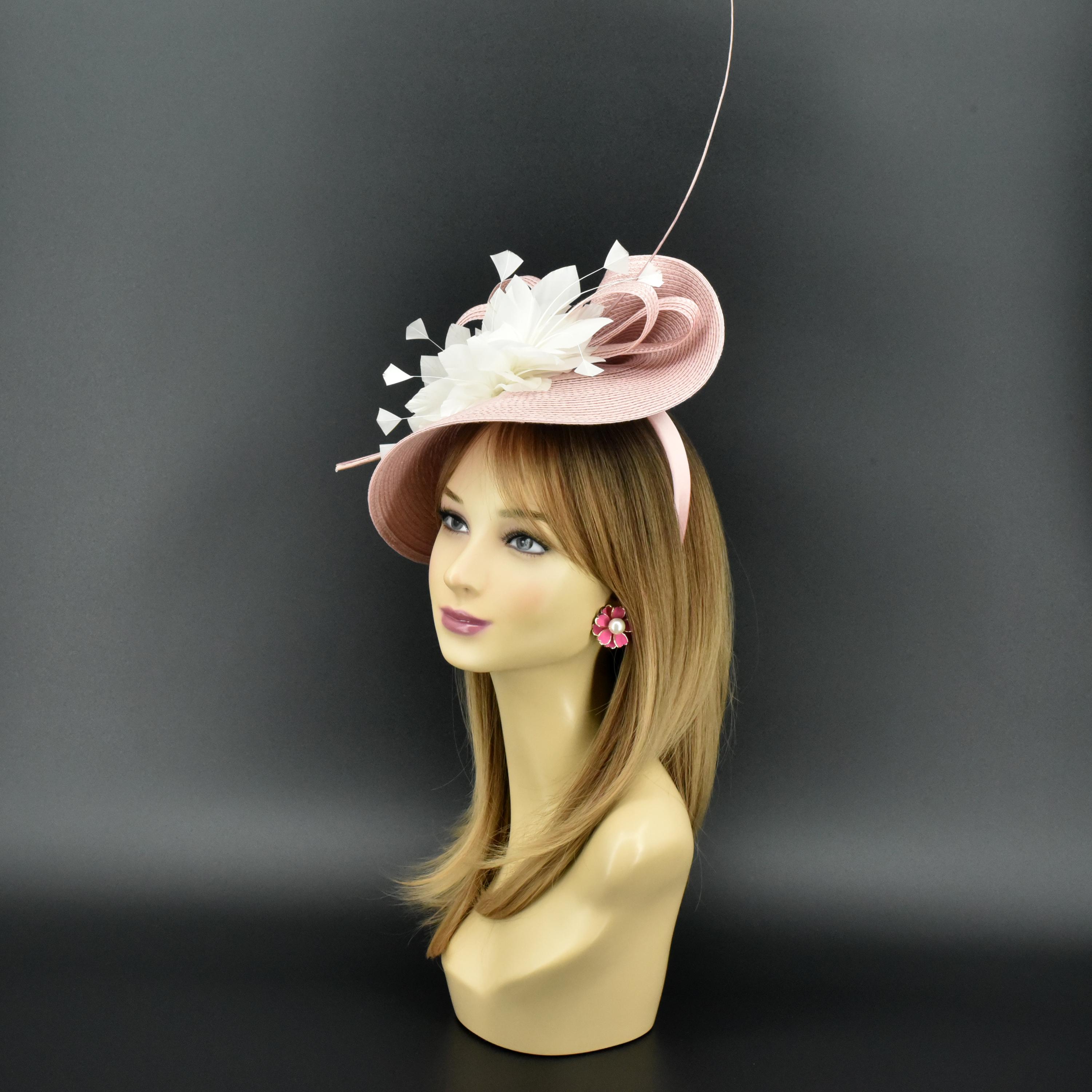 FA2601 Blush Pink With White Feather Flower Fascinator Hat | Kentucky ...