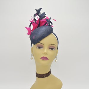 M8186 (Navy/Fuschia) Kentucky Derby hat Wedding fascinator Bridal Fascinator Sinamy Ribbon Feather Flower Headband Small Fascinator Cocktail