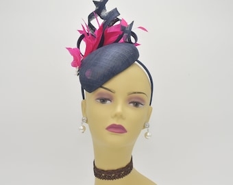 M8186 (Navy/Fuschia) Kentucky Derby hat Wedding fascinator Bridal Fascinator Sinamy Ribbon Feather Flower Headband Small Fascinator Cocktail
