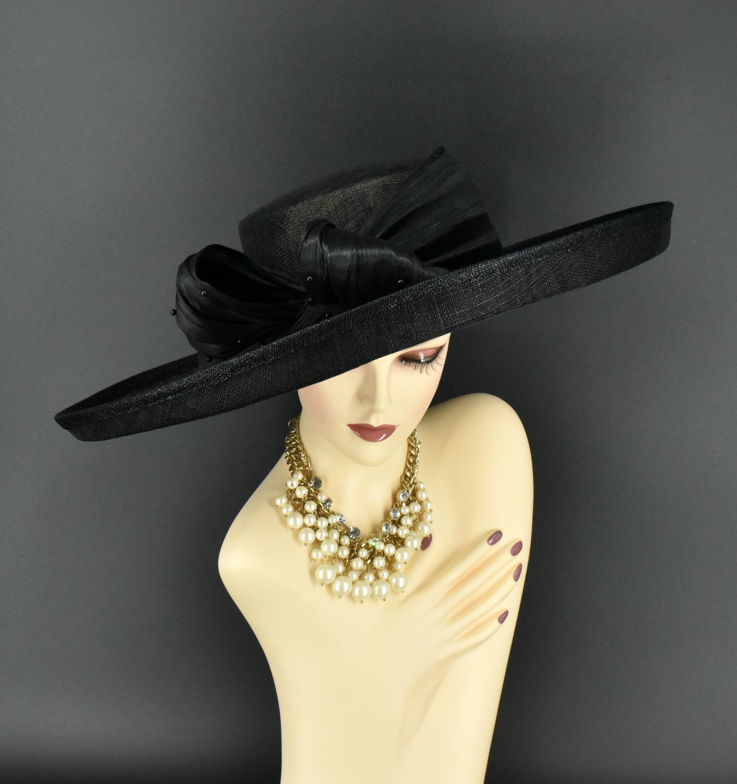 Beloved Millinery Stunning Black Fine Wide Brim Hat Jewel Brooch Church Brunch August Accessories Fine Millinery Black Wool Felt Wide Brim  main image 2