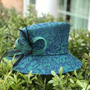 M843 Green/Navy Blue Kentucky Derby hat, Church hat, Wedding hat, Carriage hat, Tea Party hat Lace Hat with feather Small Brim Sinamay Hat image 9