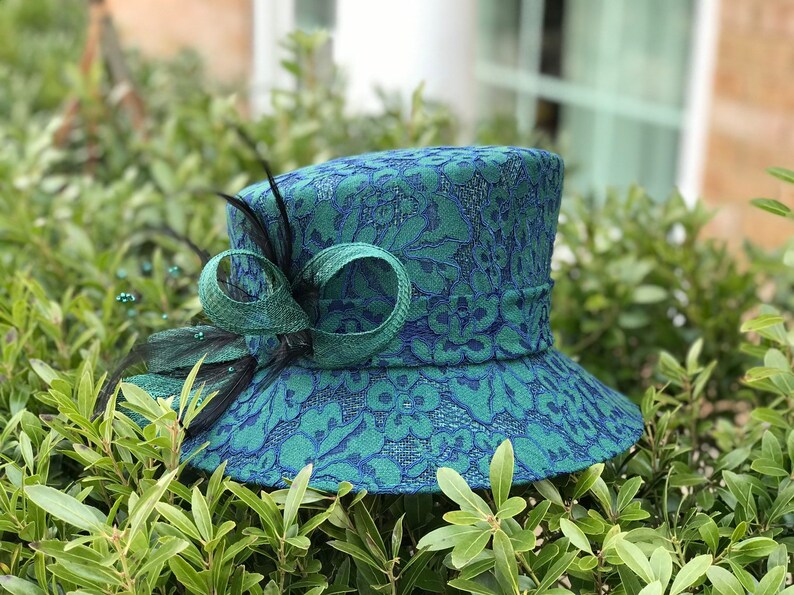 M843 Green/Navy Blue Kentucky Derby hat, Church hat, Wedding hat, Carriage hat, Tea Party hat Lace Hat with feather Small Brim Sinamay Hat image 9