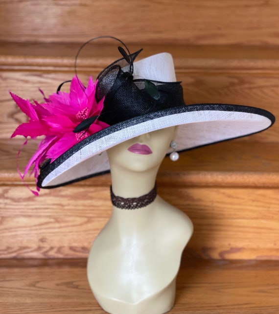 M34-2 (white/black/fuchsia ) Kentucky Derby Hat Church Hat 