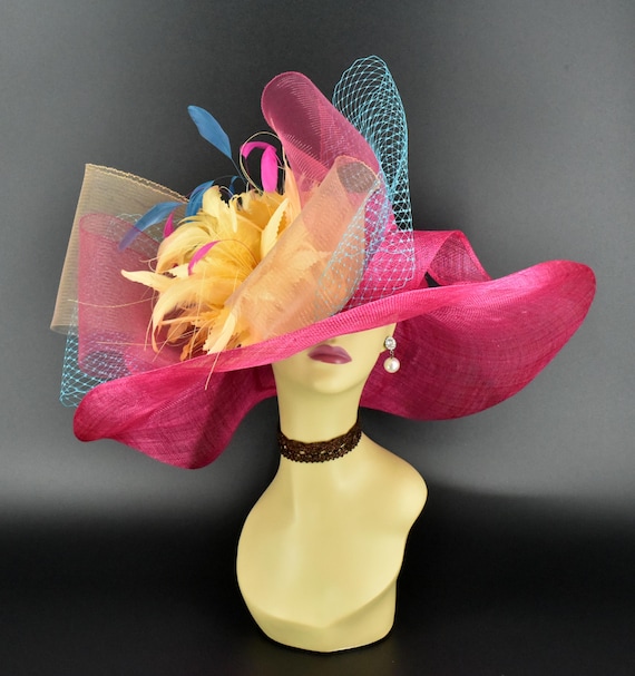 SD20 Hot Pink/gold/pink/turquoise/fuchsia Wide-brim Sinamay 