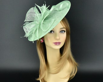 MF681( Mint Green )Kentucky Derby, Wedding, Easter, Tea Party, Royal Ascot Sinamay & Flower, Feathers Headband Large Fascinator Cocktail