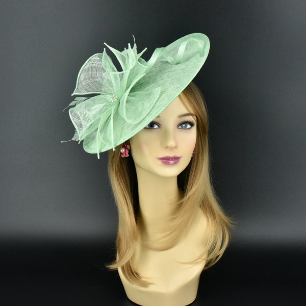 MF681( Mint Green )Kentucky Derby, Wedding, Easter, Tea Party, Royal Ascot Sinamay & Flower, Feathers Headband Large Fascinator Cocktail