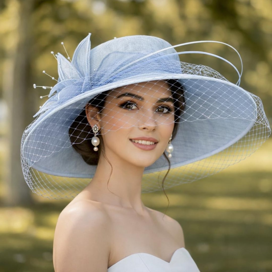 M489V ( Light blue Hat )Kentucky Derby Hat, Church Hat, Wedding Hat, Easter Hat, Tea Party Hat, Formal Hat & Veil Wide Brim Sinamay Hat