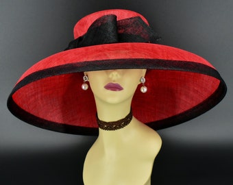 M22025( Red black hat) Audrey Hepburn Hat 19.75" Jumbo Wide Brim Sinamay Hat