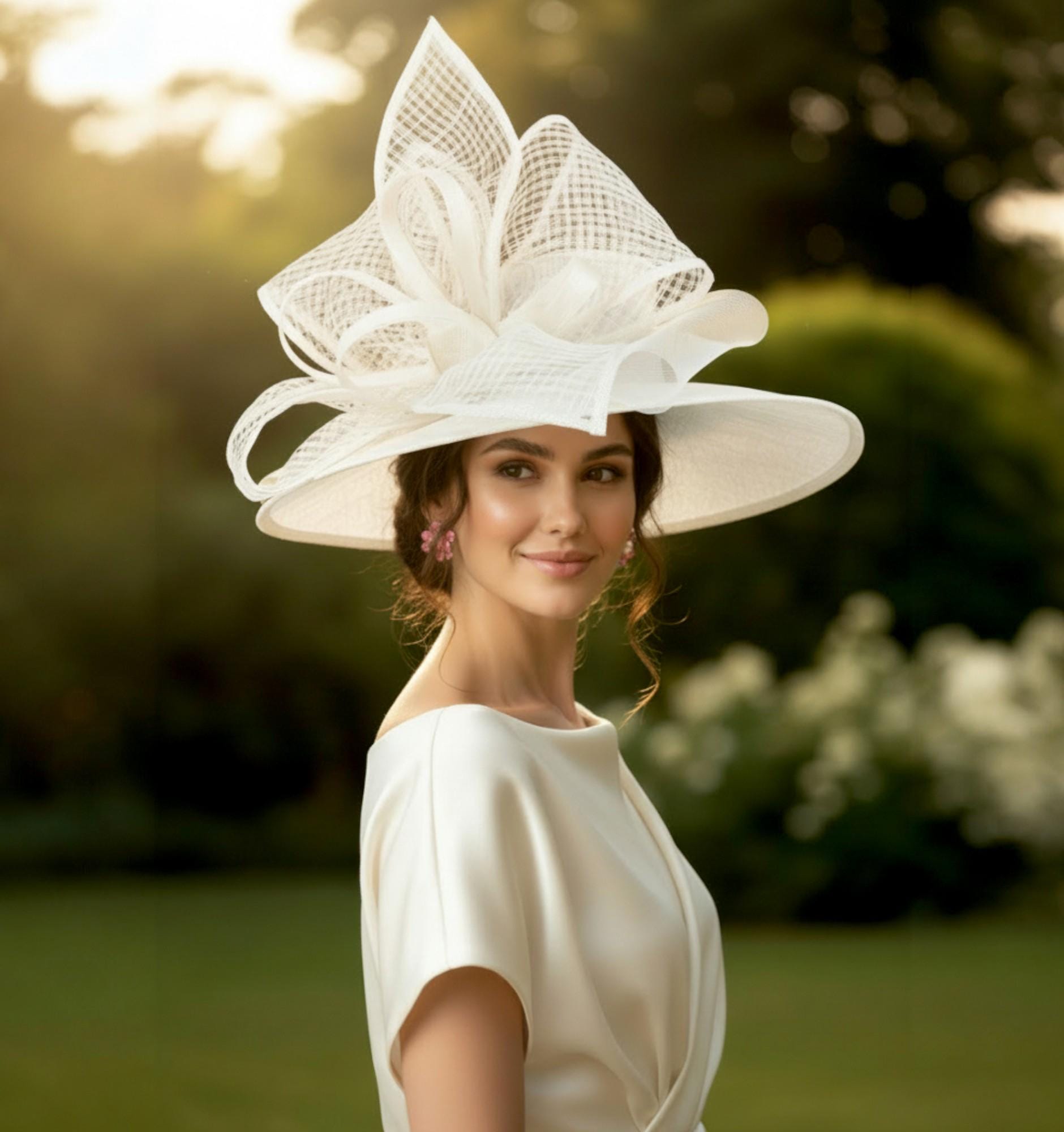 Forbusite White Satin Wide Brim Derby Church Wedding Hat w/ Oversized Bow
EUC M23157 ( White ) Kentucky Derby hat, Church hat, Wedding hat  main image 3