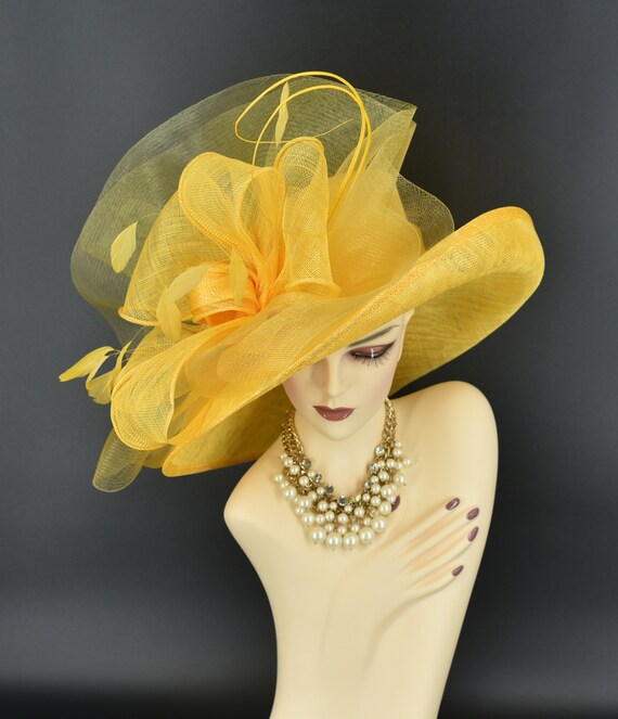 New Kentucky Derby Bright Yellow Racing Fascinator Hat Organza Showstopper New Kentucky Derby Bright Yellow Racing Fascinator Hat  main image 3