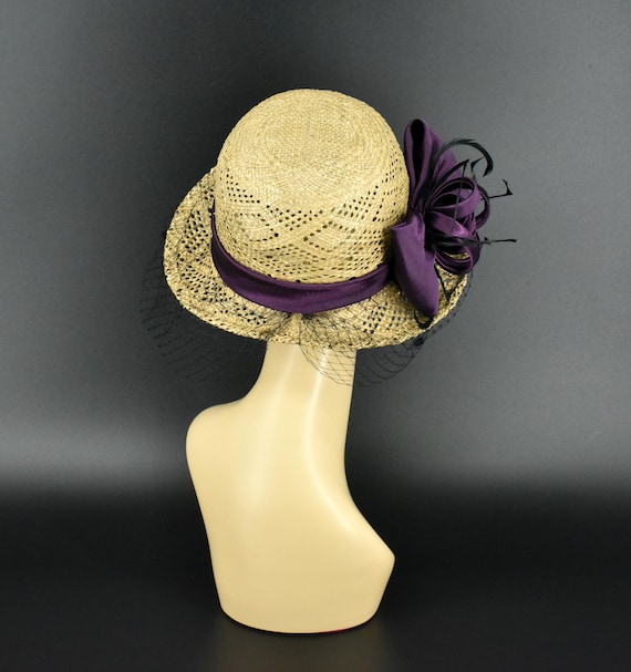 Wide-Brim Yellow Straw Hat with Purple Flower Accent Flat Straw Hat - Canotier Hat with purple Flowers main image 2