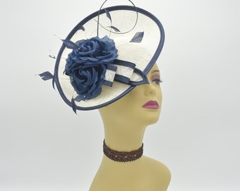 M8184(Ivory/Navy)Kentucky Derby, Wedding, Easter, Tea Party, Royal Ascot Silk Flowers, Rhinestone, Headband Medium Fascinator Cocktail