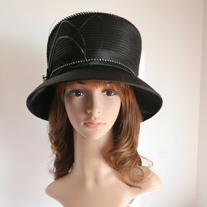 JY01 ( Black )Kentucky Derby hat, Church hat, Wedding hat, Carriage hat, Tea Party hat with Rhinestone & Feather Rods Cloche Satin Dress Hat