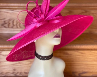 M839( Hot pink )Vintage Kentucky Derby, Church, Wedding, Easter Hat, Tea Party Hat, Formal Hat & Large Feathers Wide Brim Sinamay Hat