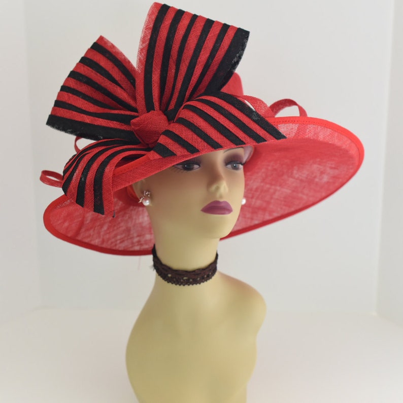 M612 Red/Black Kentucky Derby, Church, Wedding, Tea Party 3 Layers 3.56.5 Wide Brim with Jumbo Bow Sinamay Hat image 3