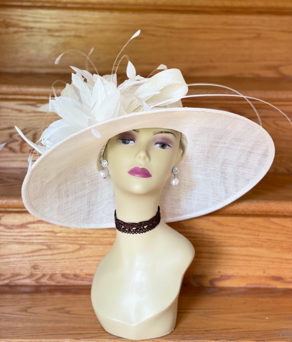 Kate Landry Elegant Wide-Brim Feather Trim Easter Derby Women\'s Dress Hat Taupe M721( Ivory Taupe )kentucky Derby Church, Wedding, Easter  main image 4