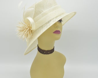 SF05( Ivory ) Kentucky Derby hat, Church hat, Wedding hat, Carriage hat, Tea Party hat with feather flower Small Brim Sinamay Hat