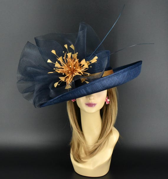 M2446 Navy Blue & Gold Wide-brim Sinamay Hat – Kentucky 