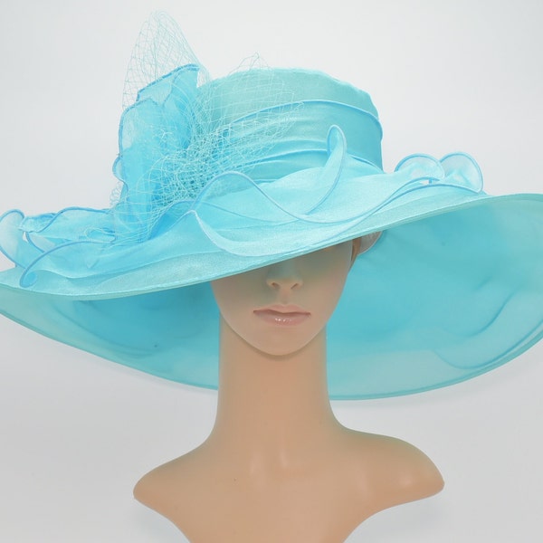 D35 ( Turquoise )Kentucky Derby hat, Church hat, Wedding hat, Carriage hat with Two Big Flower 4 Layers 7" Wide Brim Organza Dress Hat