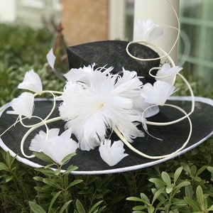 SF81( Black/White ) Kentucky Derby Hat, Church Hat, Wedding Hat, Easter Hat, Tea Party Hat Feathers Wide Brim 5.5~6.25" Sinamay Hat