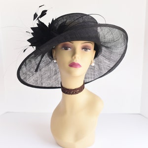 L17 ( Black ) Kentucky Derby hat, Church hat, Wedding hat, Easter hat, Tea Party Royal Ascot with feather flower Med Brim Sinamay Hat