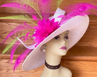 M936(White Multi-colors hat ) Kentucky Derby hat Wedding hat Easter hat Royal Ascot Turkey Peacock Feathers Wide Brim Woman Sinamay Hat