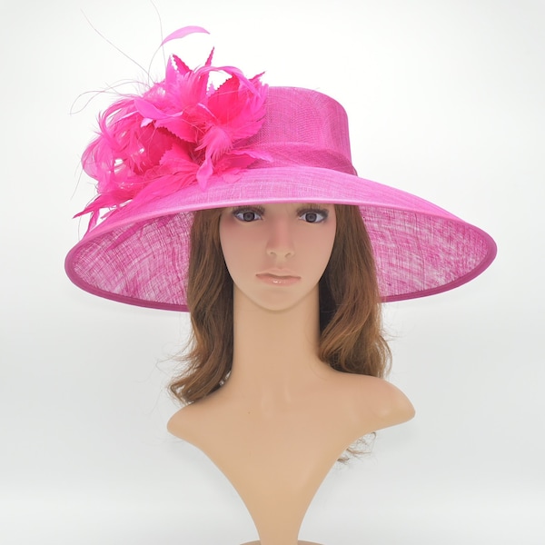 Sombrero Kentucky Derby SD15 (fucsia/20 colores), sombrero para iglesia, sombrero para boda, Pascua, fiesta de té, sombrero de sinamay de ala ancha con plumas y flores gigantes.