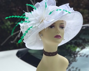 SF044( White/Green )Kentucky Derby, Church, Wedding, Easter, Tea Party, Formal Hat Feather Satin Med Brim Sinamay Hat