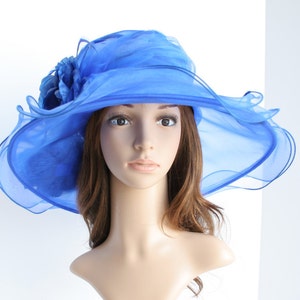 Ed7021(royal Blue)kentucky Derby Hat, Church Hat, Wedding Hat, Carriage Hat,  Medium Brim 5.25" With Two Flowers & Feathers Organza Dress Hat - Etsy