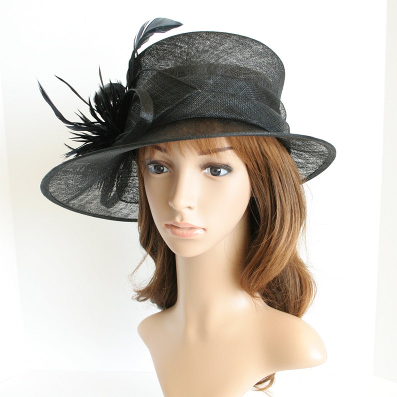 May include: A black wide-brimmed hat with a black feather accent. The hat is made of a straw-like material and has a slight curve to the brim.