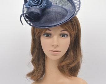 MF9206( Navy+more colors ) Kentucky Derby, Wedding, Easter, Tea Party, Royal Ascot Sinamay Silk Flower Headband Medium Fascinator Cocktail