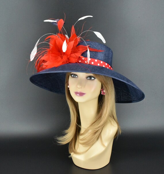 Navy Wide-Brim Hat with Red Feather Accents Navy Cappuccino Fedora Hat with White Band and Feather  main image 2